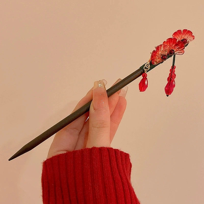 Red flower hairpin new chinese style wooden tassel hair stick ancient cheongsam hanfu women headwear