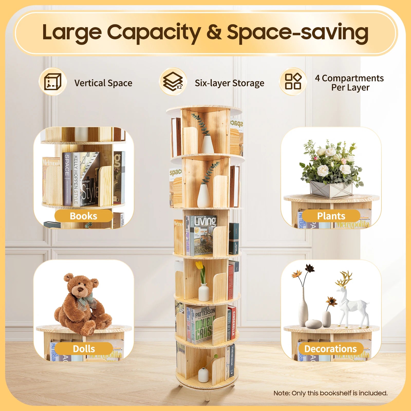 6 tier bookshelf wooden bookcase 360° rotating book storage racks living room organizer floor stand bedroom holder