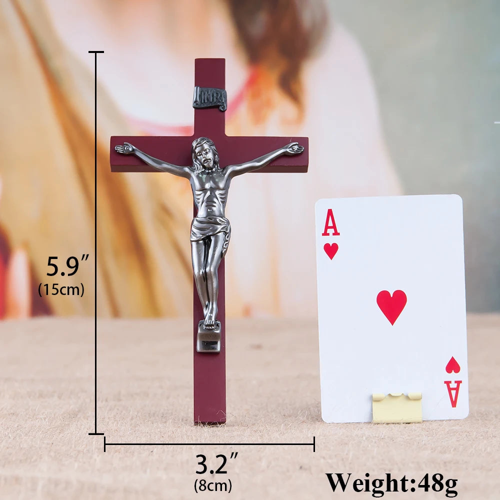 Htisok catholic wooden cross with silver metal jesus figure wall mounted religious crucifix for home altar church decor
