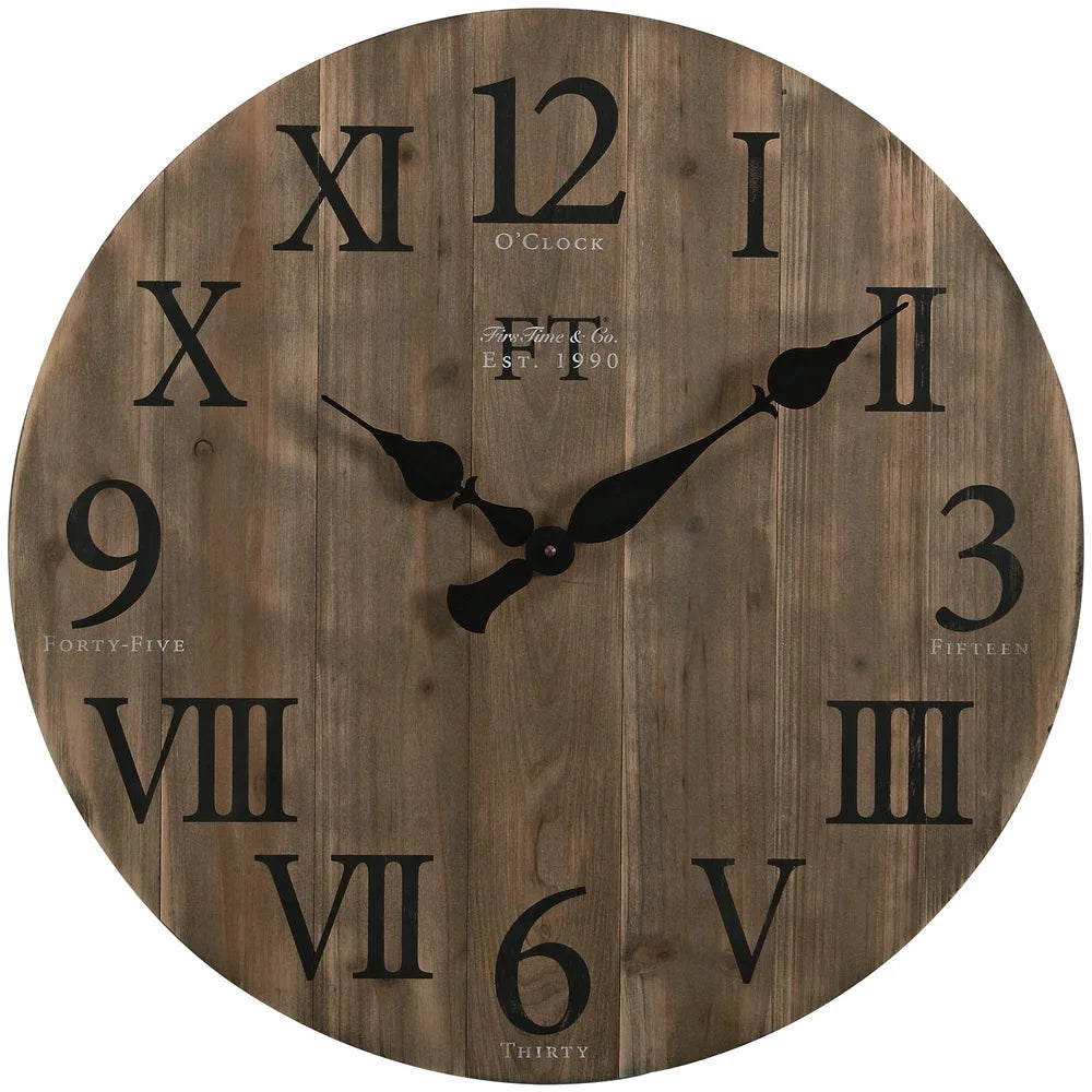 Rustic wall clock round analog wooden barn wood design large numbers home decor 24 inch hanging battery operated
