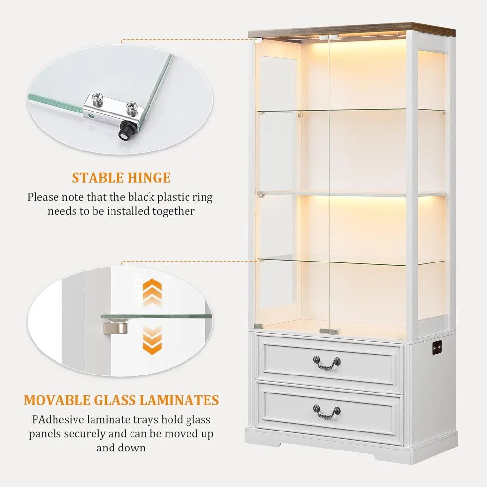 Display cabinet with glass doors,67’’ adjustable shelf 2 drawers and 4 tier curio cabinet,tall bookcase 3 color