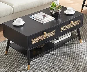 Wooden mid century modern coffee table retangle accent center with two drawers tables for living room white - black 2
