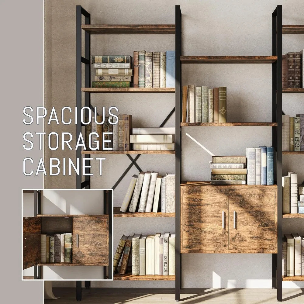 Large industrial-style tall bookshelf with storage cabinet & open shelves
