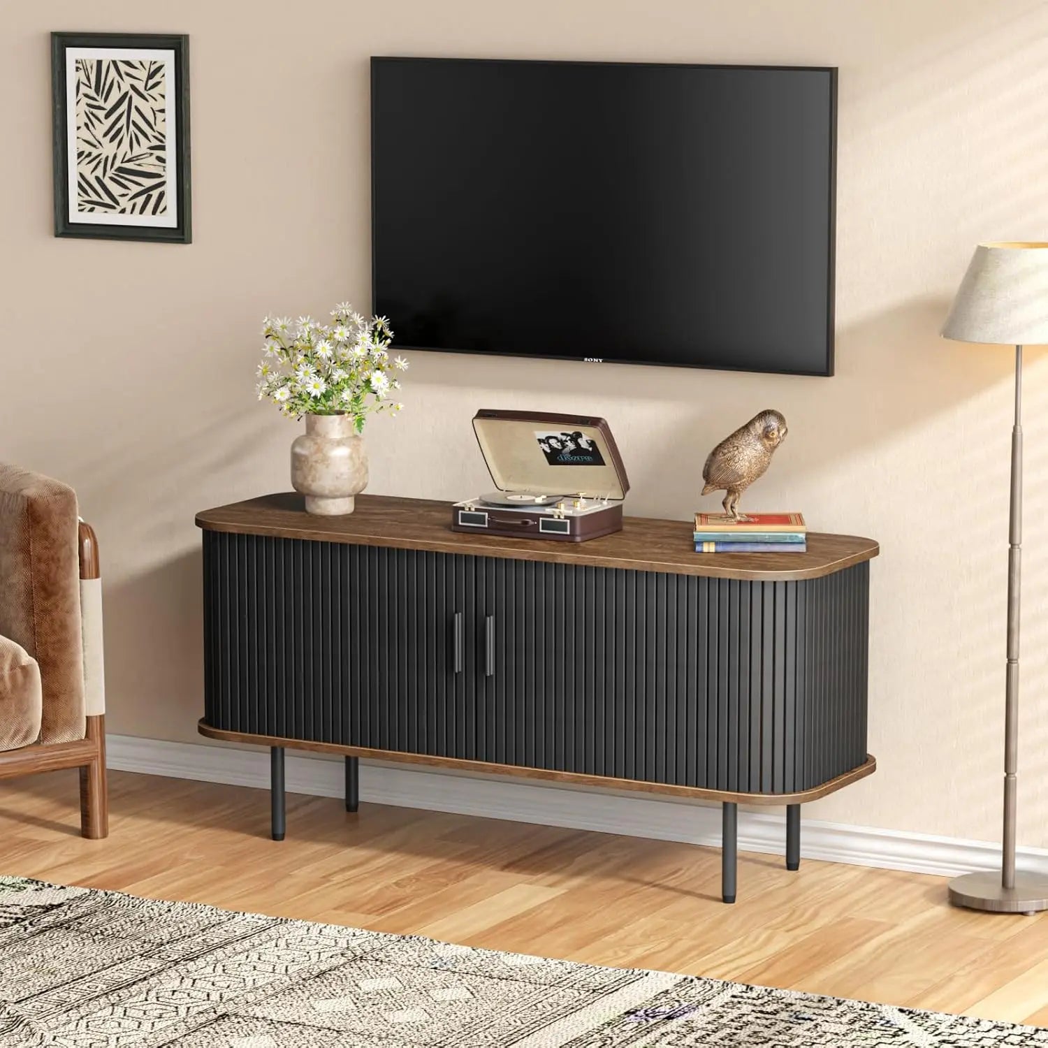 Vabches tv stand for up to 65 inch tvs wood storage cabinet with fluted sliding door console table credenza living room