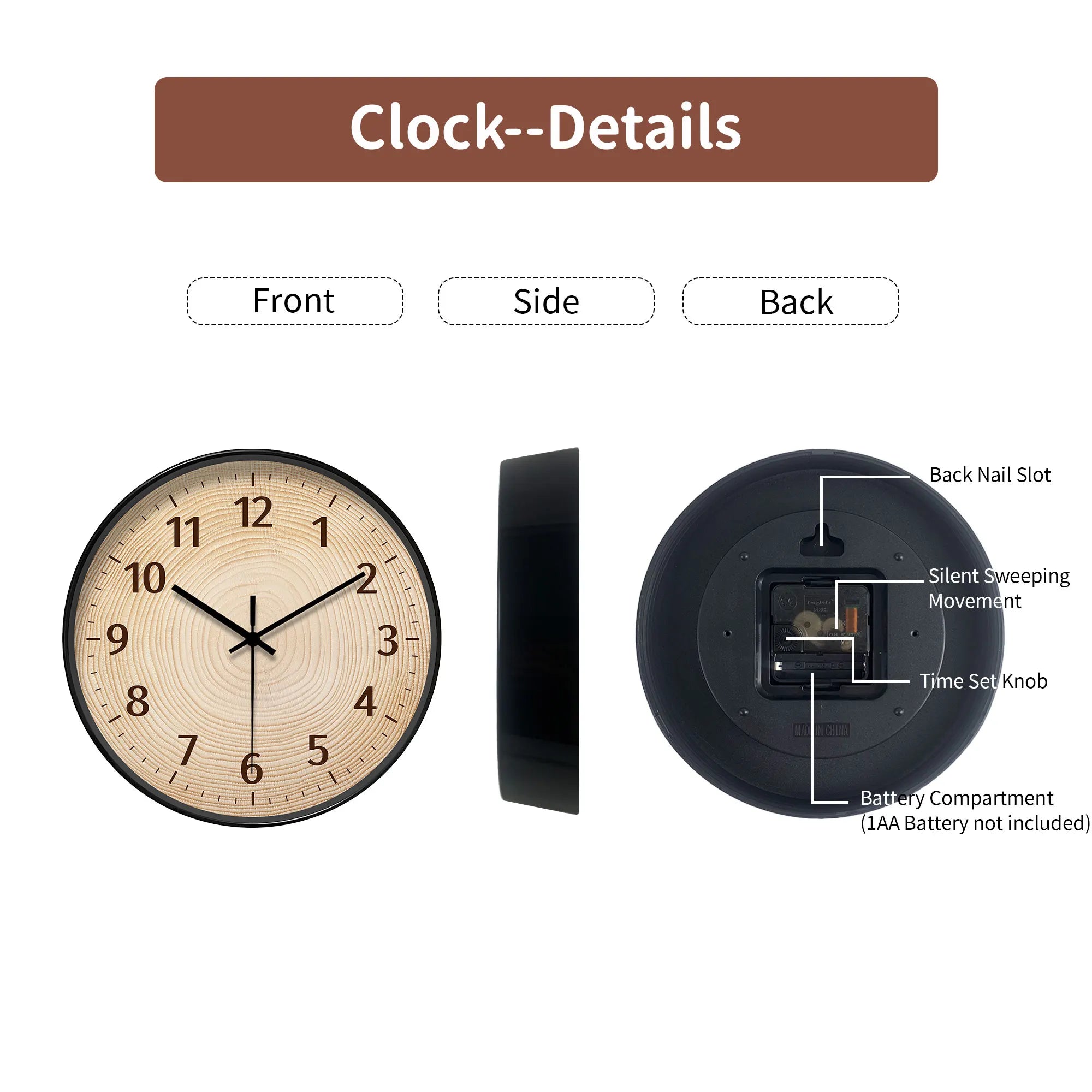 Round wood - grain decor wall clock tree - ring pattern (batteries not included) 10-16 inches