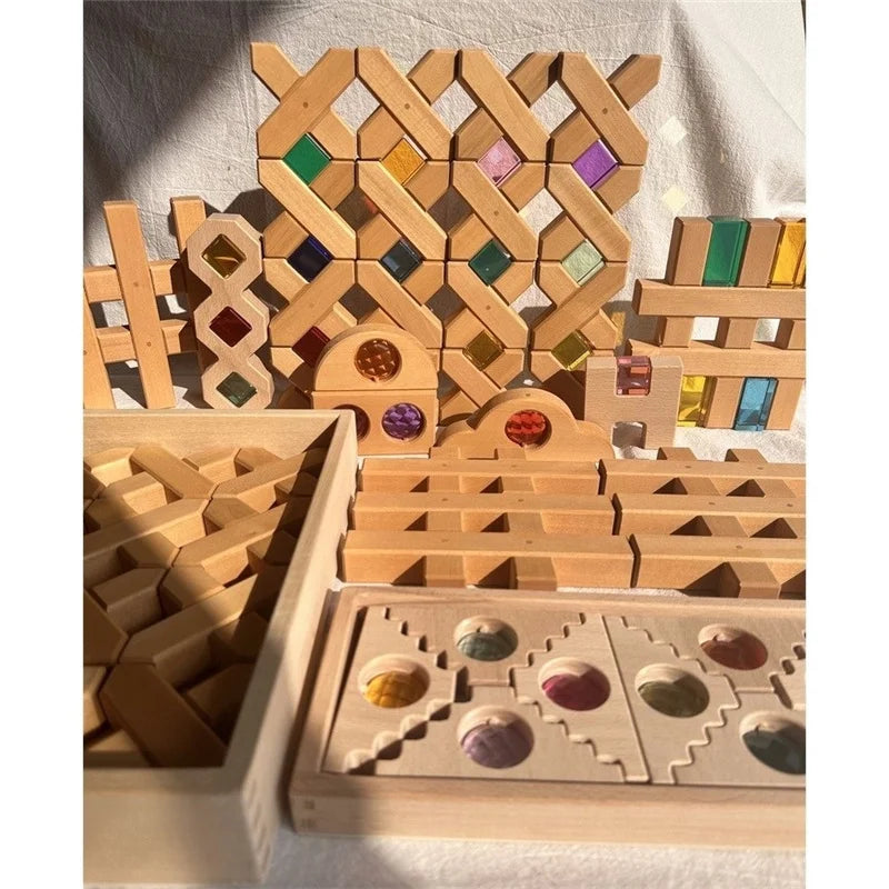 Kids large buidling wood toys x-shapes grids step gables stacking see through diy creative play - game