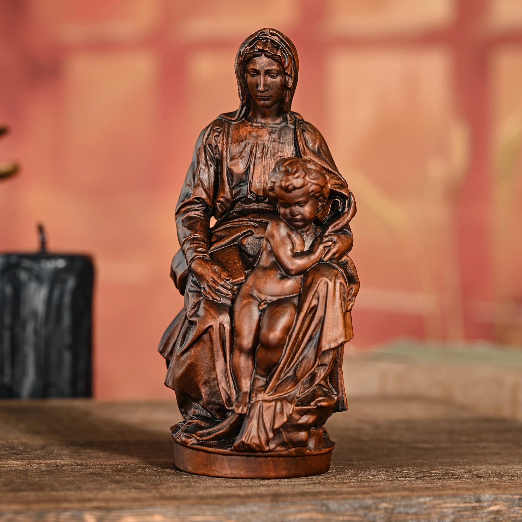 Cross-border solid wood carving crafts ornaments bruges our lady and ys round sculpture statue sacred - retro / 4 inch