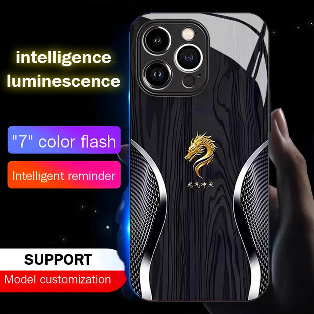 Luxury wood grain dragon luminous glass led call light up flash phone case for iphone air 17 16 e 15 14 13 12 11 pro