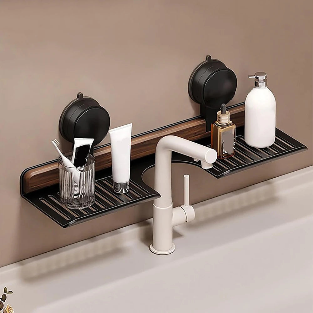 Walnut suction cup bathroom shelf faucet organizer rack no drilling wall mounted sink