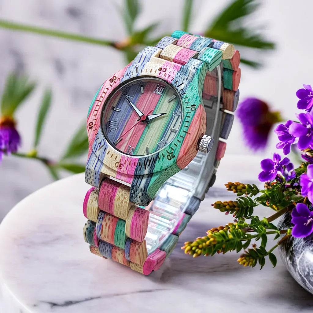 Women watch elegant colorful bamboo wooden watches fashionable color band clock quartz wood wristwatches woman gifts
