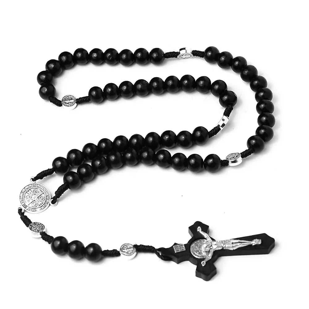 Catholic wood beaded rosary necklaces for women christian inri crucifix cross pendant long chain men religion prayer