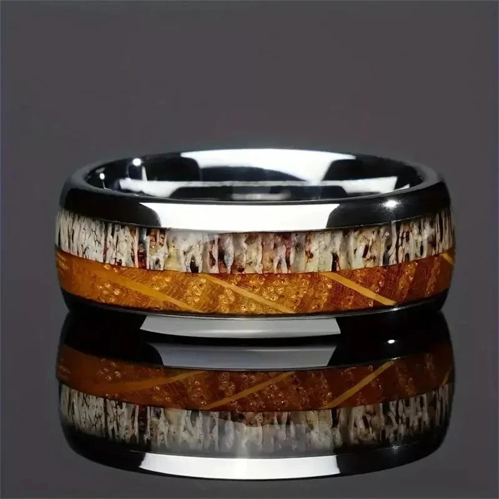 Fashion 8mm men stainless steel rings silver color brushed deer antler and koa wood for wedding band jewelry wholesale