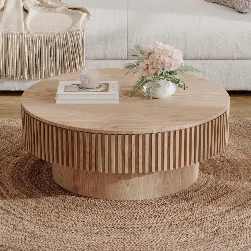 Modern circular coffee table with storage luxury drum style center solid wood veneer accent side