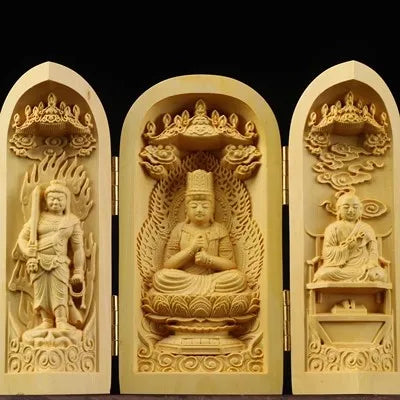 Solid wood carving three open buddha statue collapsible sculpture living room and bedroom decoration modern art - 21