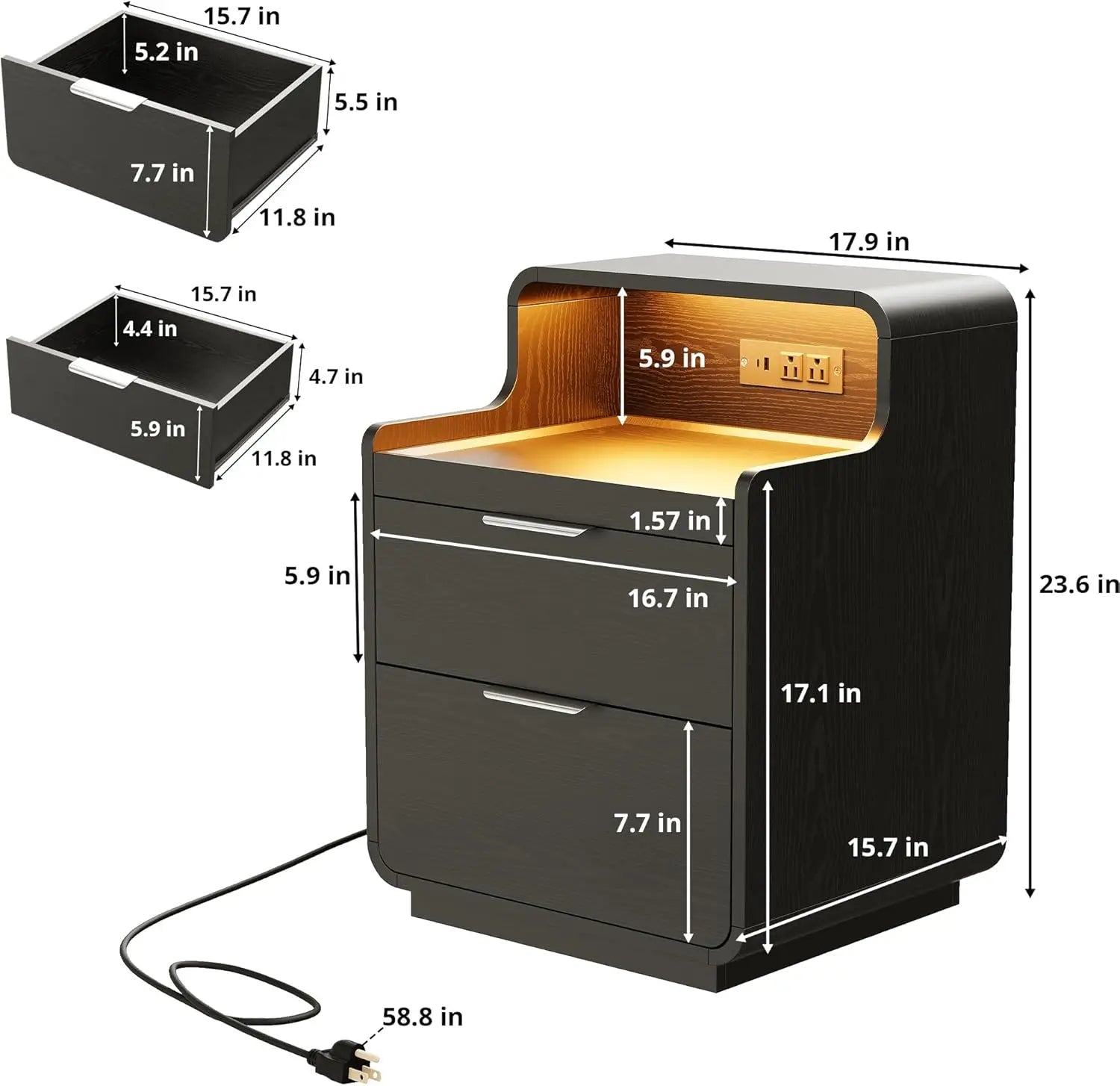 Likimio nightstand with charging station and led lights night stand pull-out shelf bedside table for bedroom black