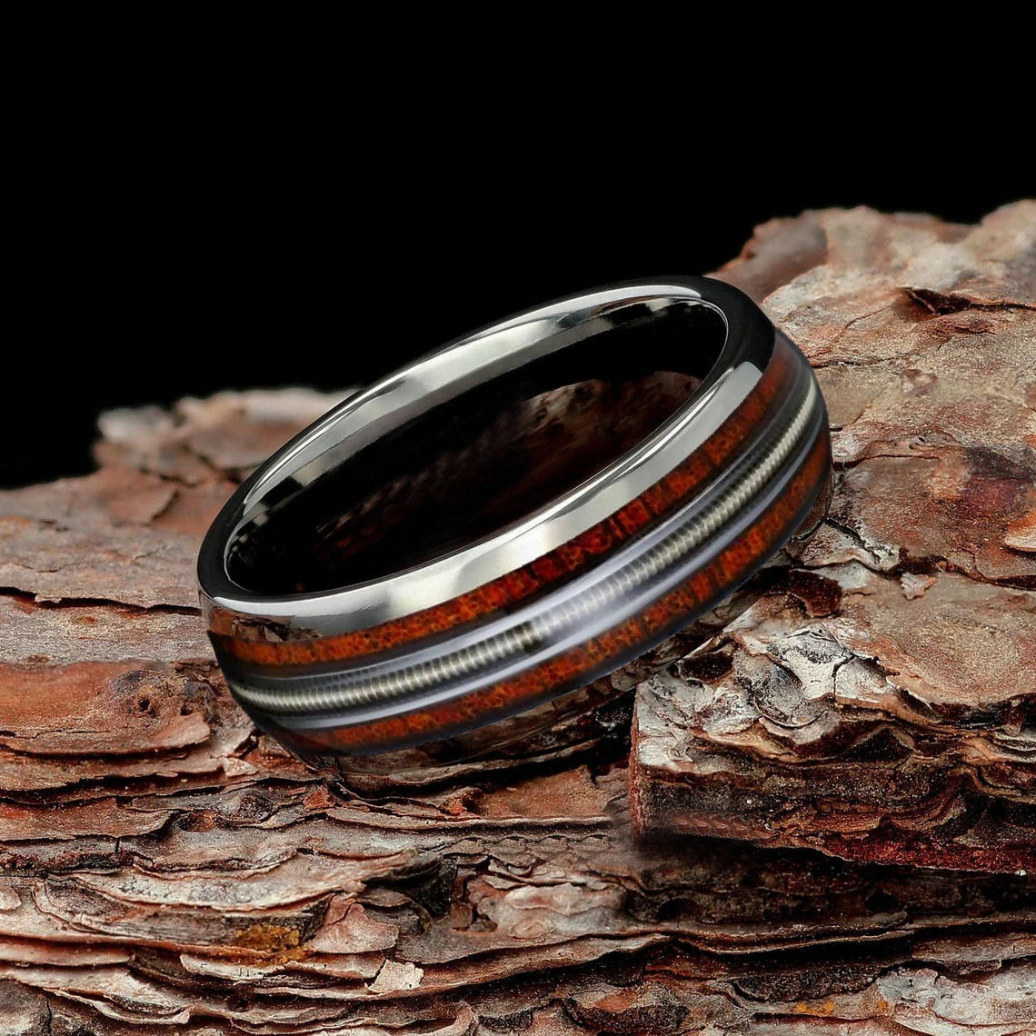 Fashion 8mm silver color stainless steel guitar string rings for men whiskey barrel wood inlay guitarist ring wedding