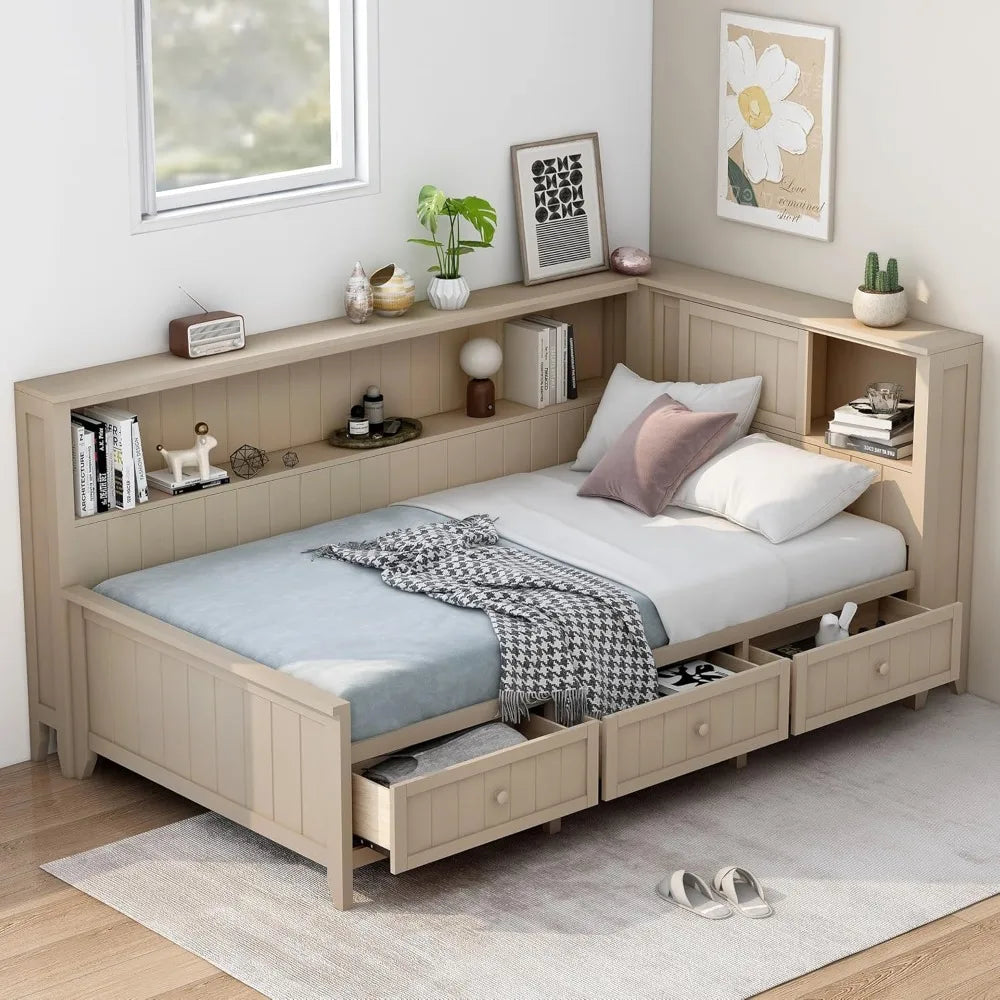 Twin daybed with bookcase headboard and storage drawers - wooden platform bed frame shelves - antique white milk