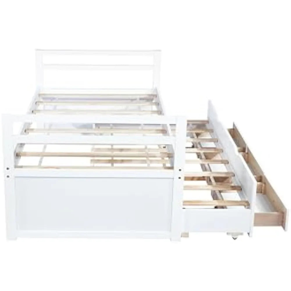 Jyh twin bed with trundle - solid wood daybed frame pull-out & 3 storage drawers headboard and footboard for teens