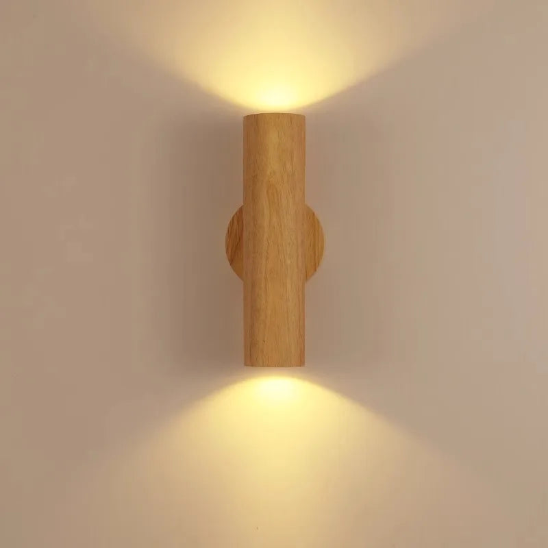 Cylinder oak wooden color glow top and bottom wabi-sabi minimalist style wall sconce light for living bedroom bedside