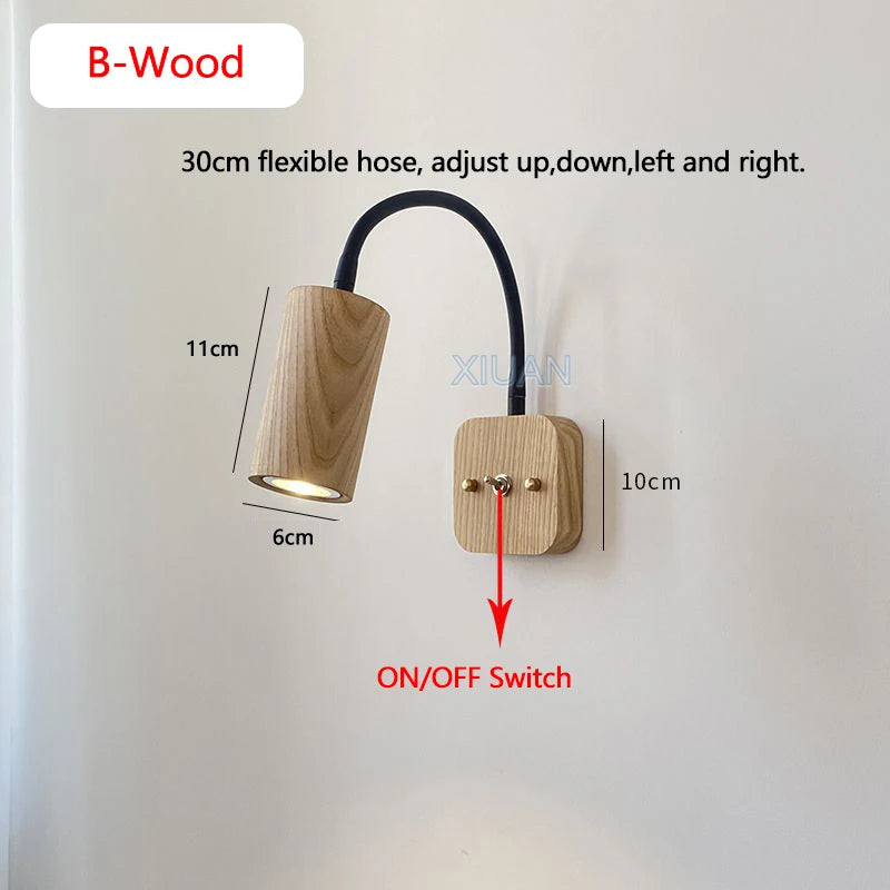 Vintage retro walnut wood color wall lights 360 degree rotatable lamp arm japanese bedroom bedside reading with switch