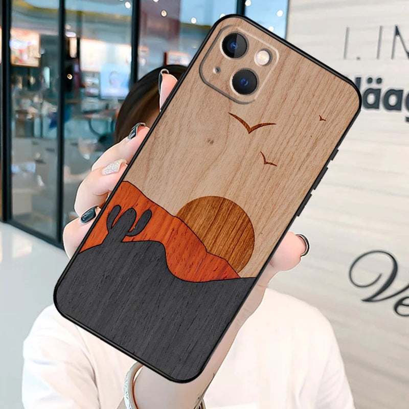 Wolf bike butterfly wood phone case for iphone 13 12 mini 11 14 15 16 pro max plus x xs xr cover shell - ooo869 / 14pro