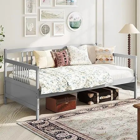 Giantex twin daybed frame wooden sofa bed guest with rails & wood slat support dual-use size platform for l - grey