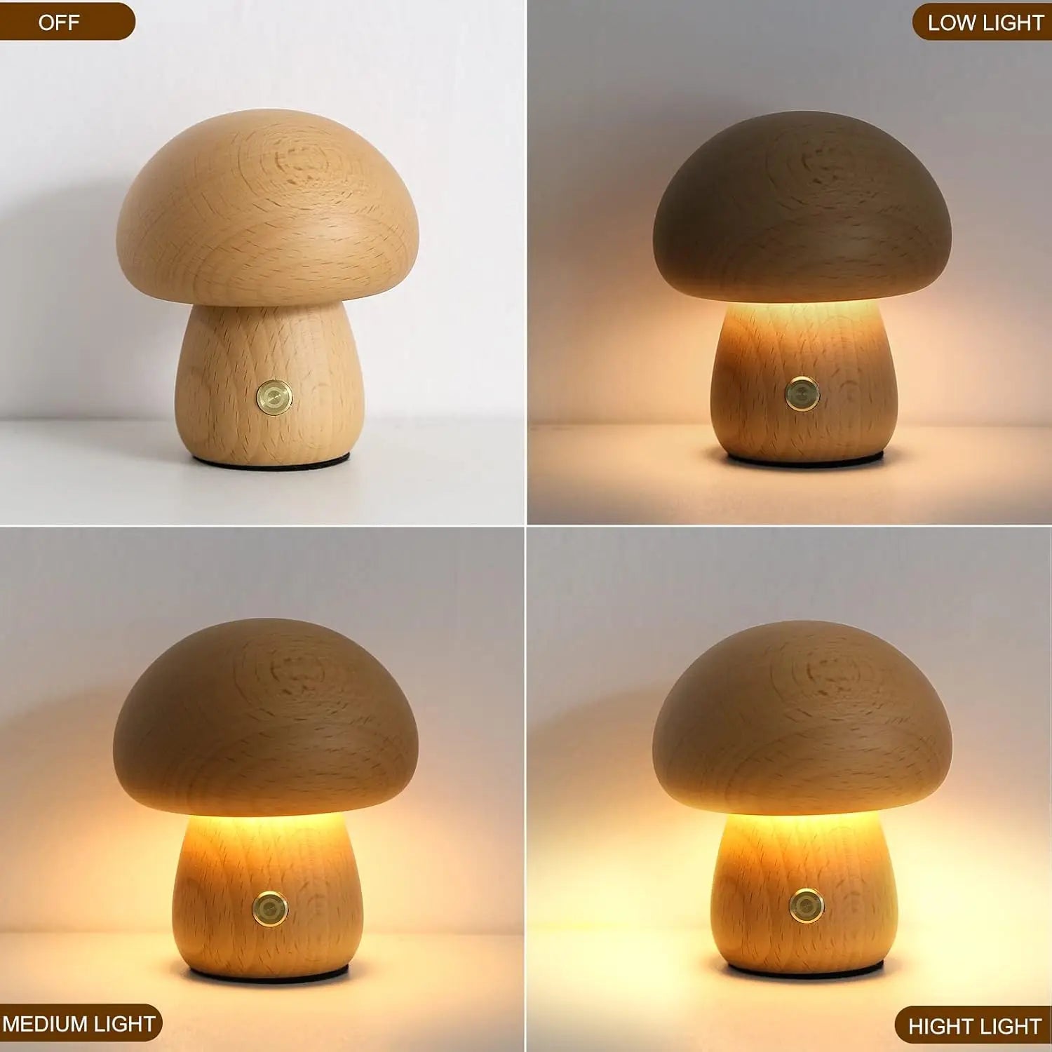 Wooden creative mushroom night light stepless dimming bedside table lamp 3 color rechargeable sleeping nightlights