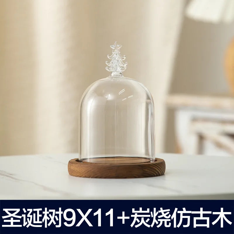 Aromatherapy candle holder ornaments dust-proof glass cover wooden base display box home decoration - christmas tree