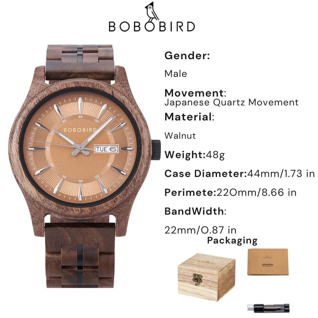 Bobo bird men’s wooden watch with blue dial – natural handmade wood wristwatch date display anniversary gift in box