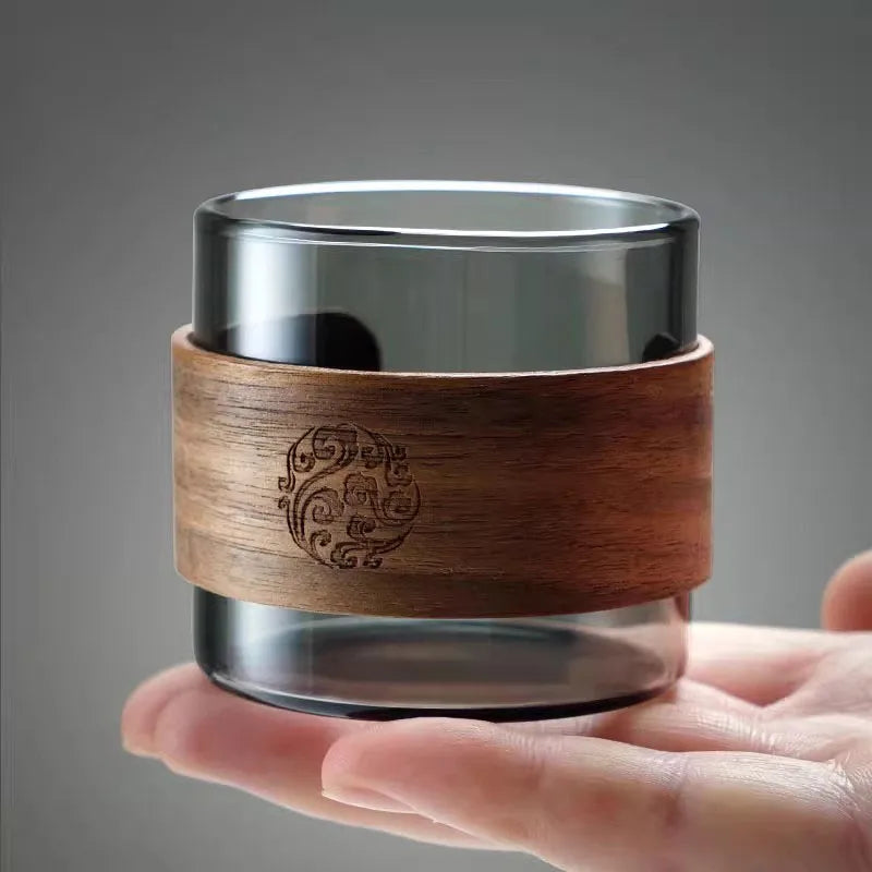 6pcs heat-resistant glass tea cup set of 150ml home coffee espresso mug with scald proof wooden holder kungfu master