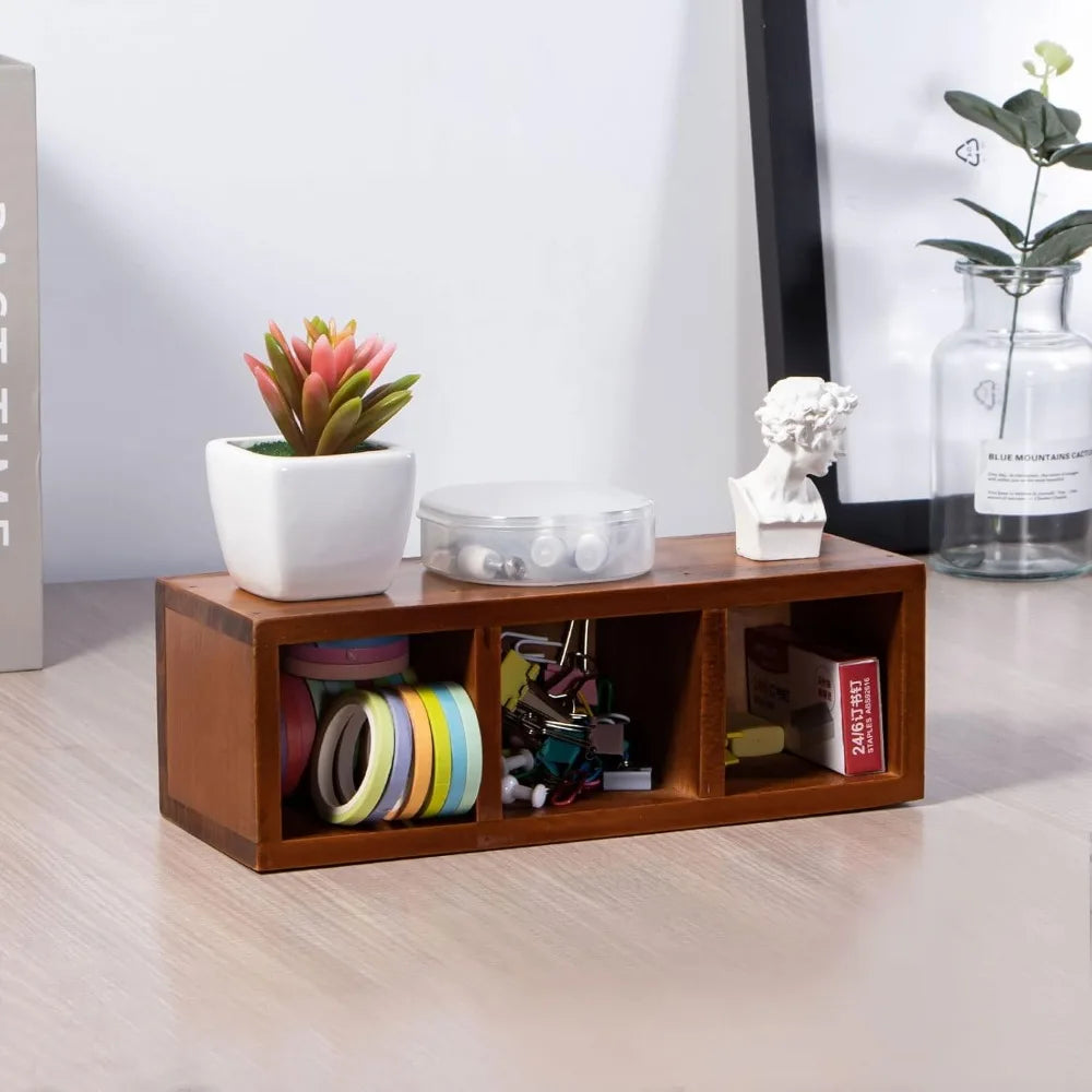 Wooden pencil holder 3 compartment wood desk organizers and accessories rustic remote control caddy office suppl