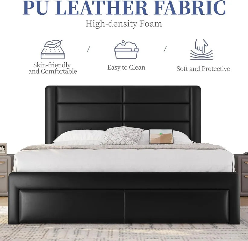 Queen size bed frame with headboard/2 usb charging station/port for type a&type c/3 storage drawers/solid wood slat su