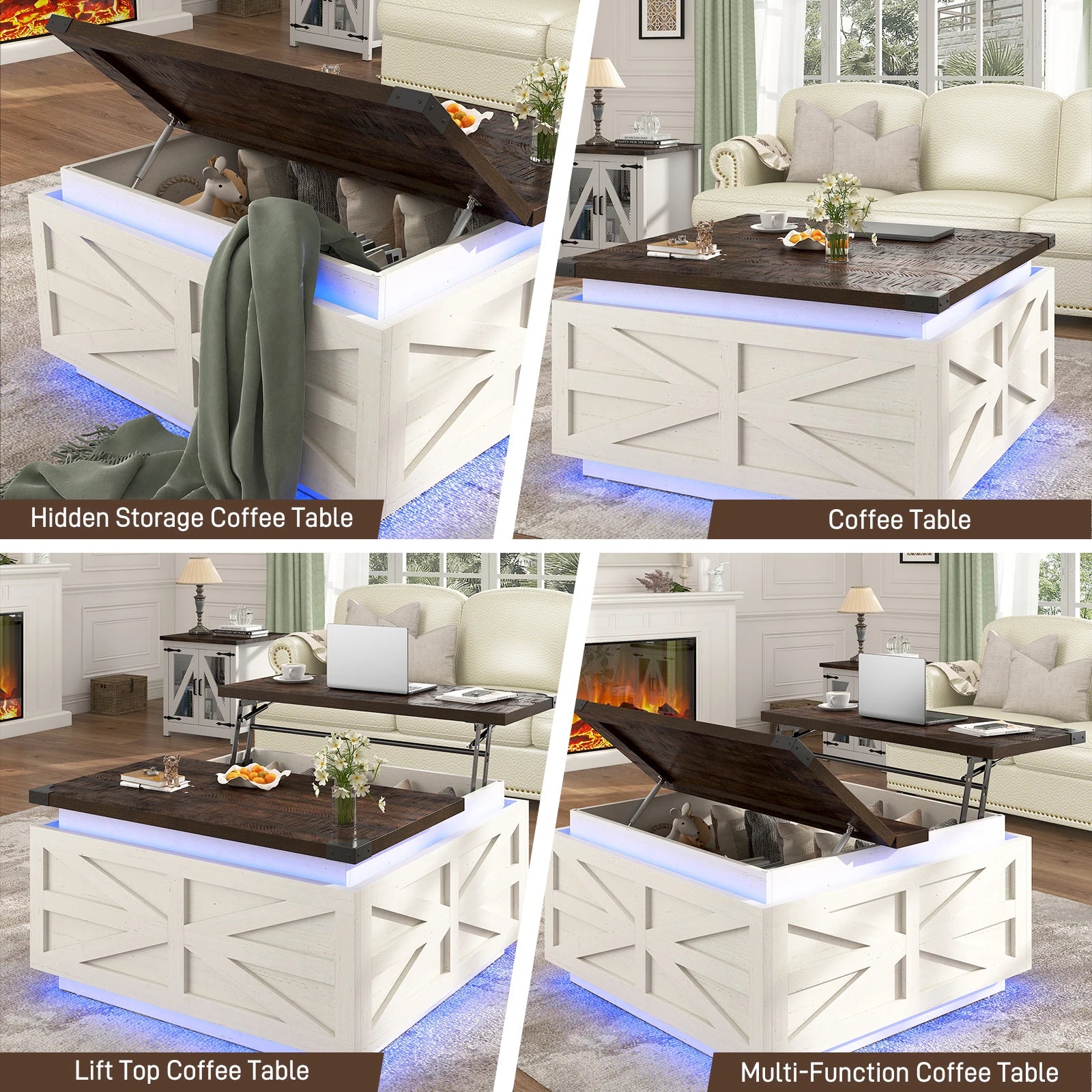 35.8’’ farmhouse lift top coffee table with storage square led lights wood center hidden - wtbr / united states