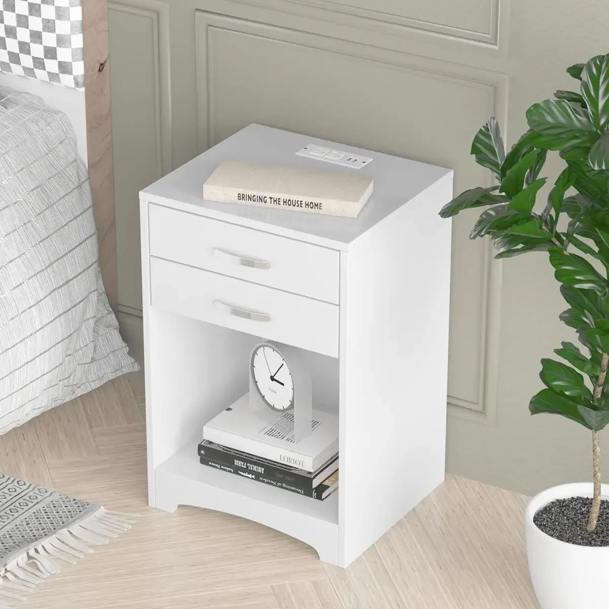 White nightstand with charging station 2 drawer bedroom wood sofa side table end usb ports and storage for small kids