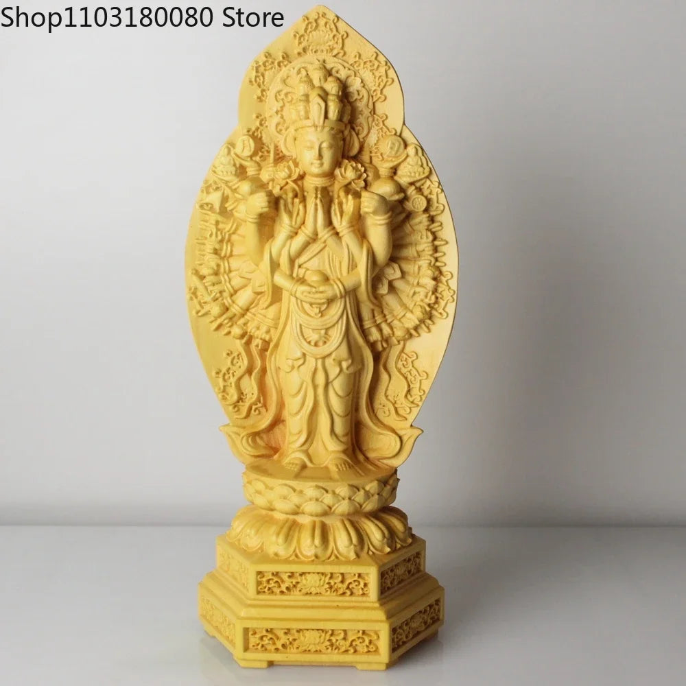 20cm boxwood carving heart sutra thousand-hand kwan-yin guanyin buddha statue large size wooden - h20cm - religious