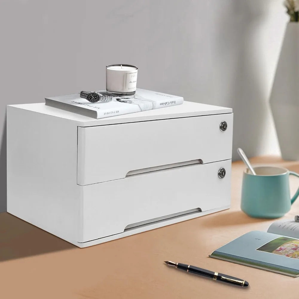 Wooden desk organizer with drawers lockable desktop countertop storage cabinet home file tabletop (2 drawer white)