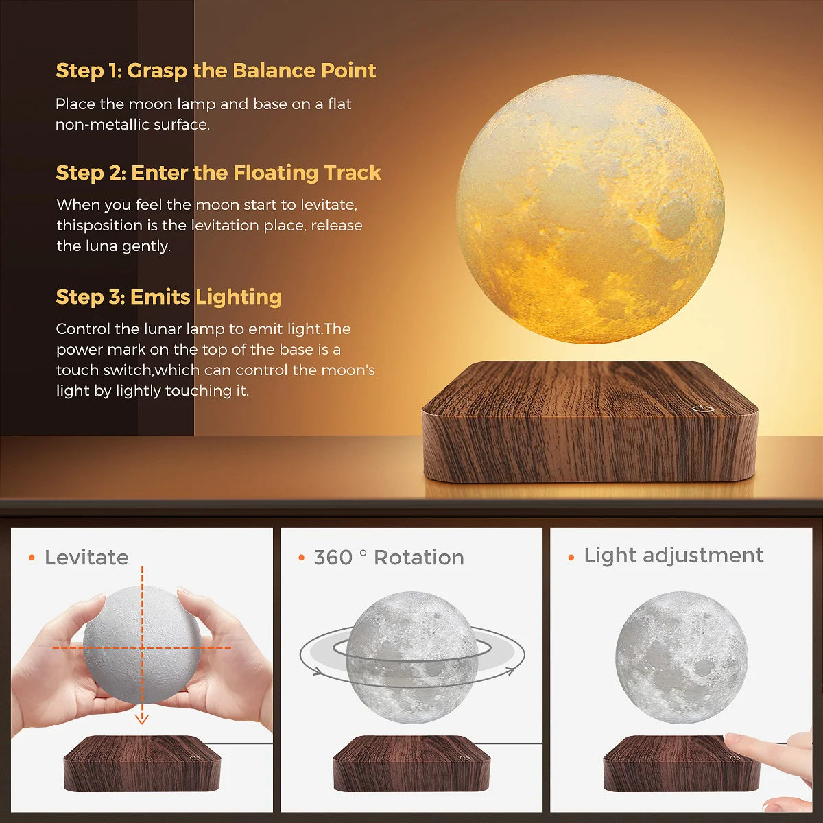 Magnetic floating rotating moon lamp with wooden base 3 color temperature led night lights of print 3d for unique gifts