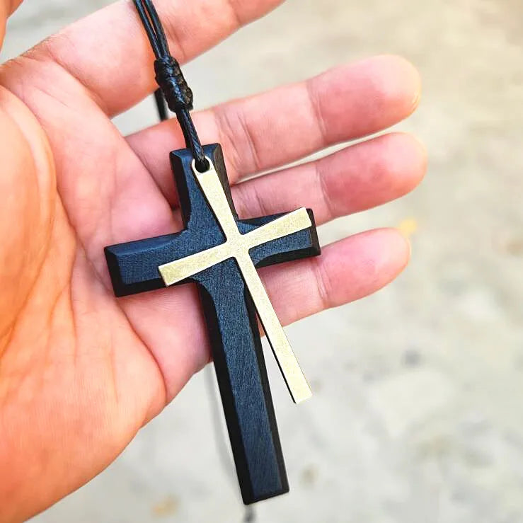 Retro artistic wooden cross nelace korean faion pendant long men’s sweater chain hanging decoration ex version - strong