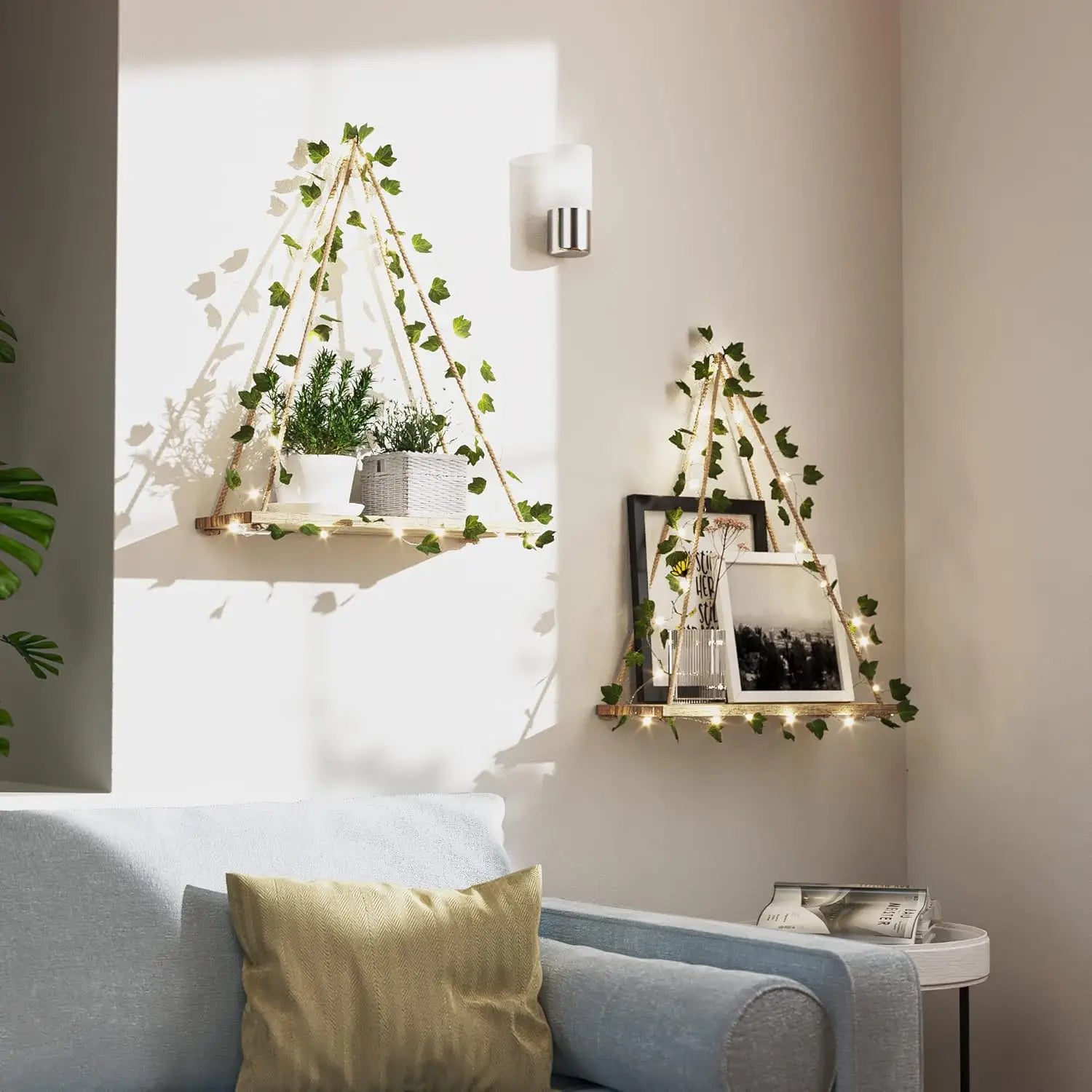Artificial ivy led-strip wall hanging shelves macrame shelf for bedroom bathroom living room kitchen wood plant shelv
