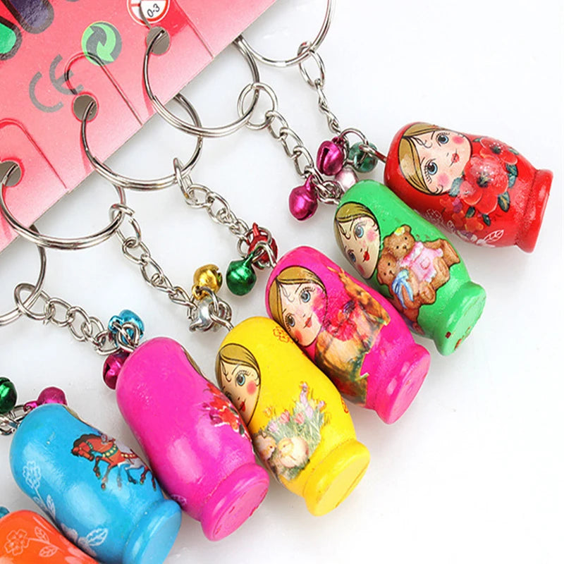 60pcs nesting dolls wooden keychain doll russian matryoshka key ring unpainted christmas tree set - mix colors - chain