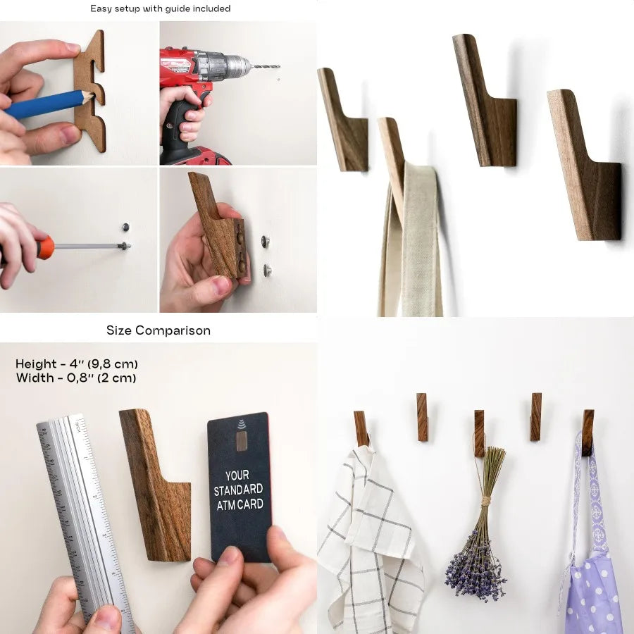 Set of 4 wall hooks in dark walnut or light ash wood for practical entryway storage: ideal hanging hats purse backpack