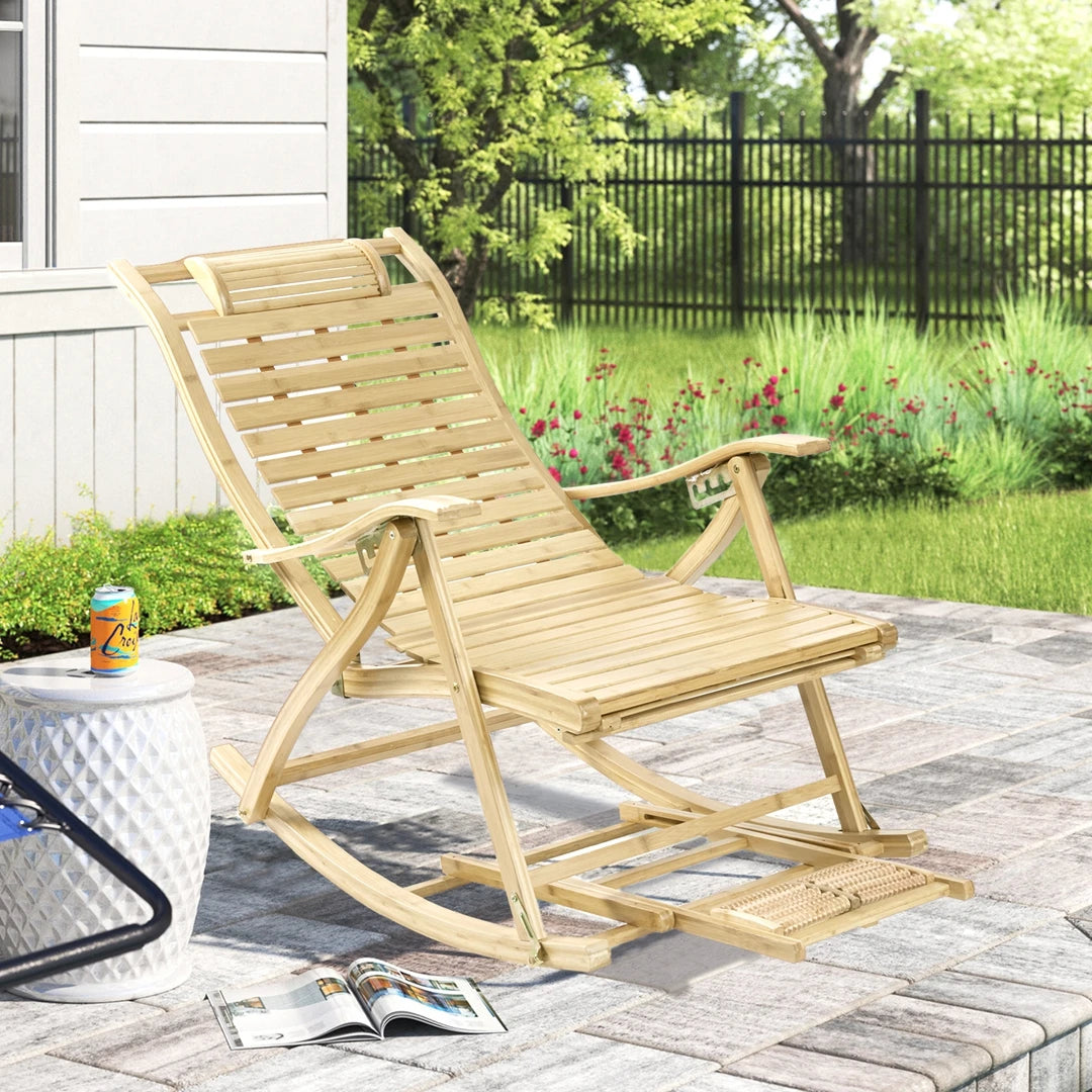 Bamboo folding rocking recliner chair | foot massage & backrest | outdoor beach camping balcony sun lounger with armrest