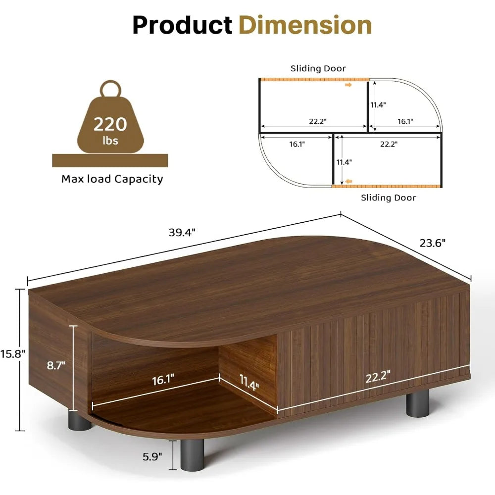 39’’ mid-century leaf coffee table wood storage center w/ fluted sliding door