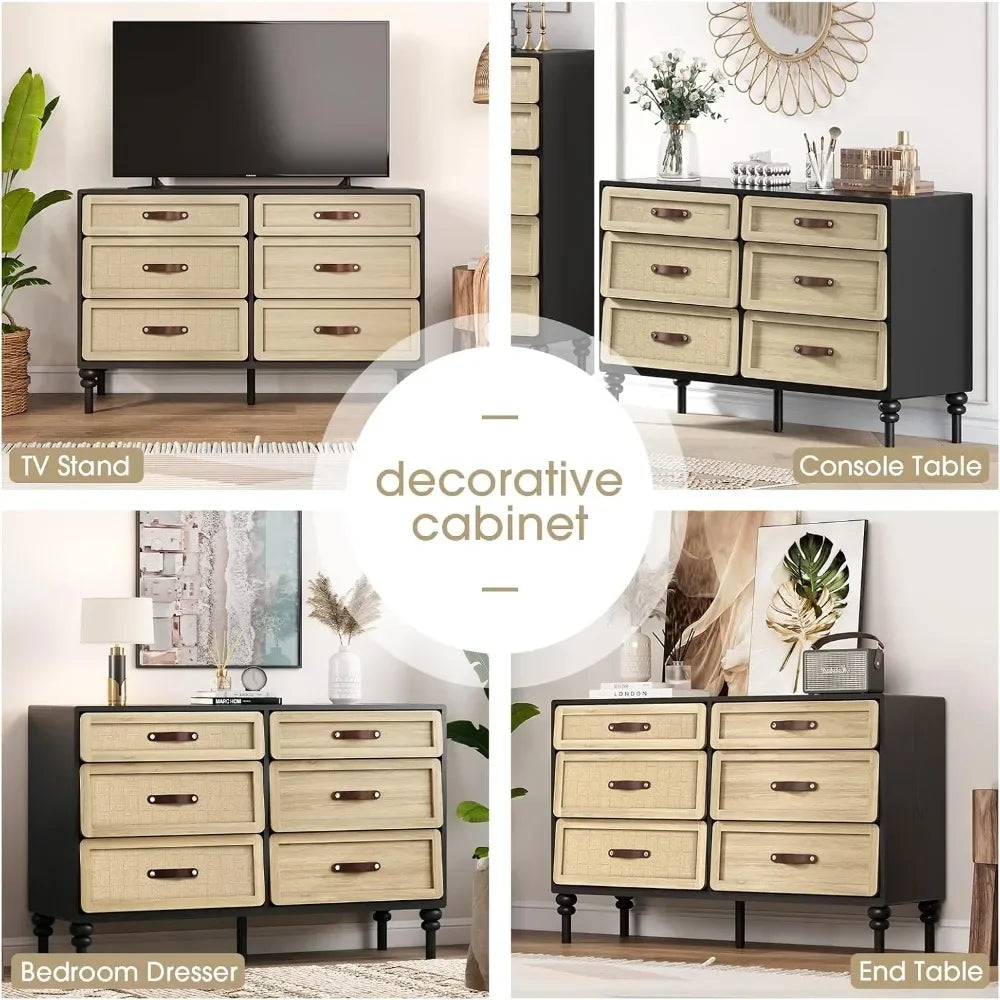 6 dresser drawers for bedroom wooden natural rattan chest of modern storage cabinet w/ design close - black oak