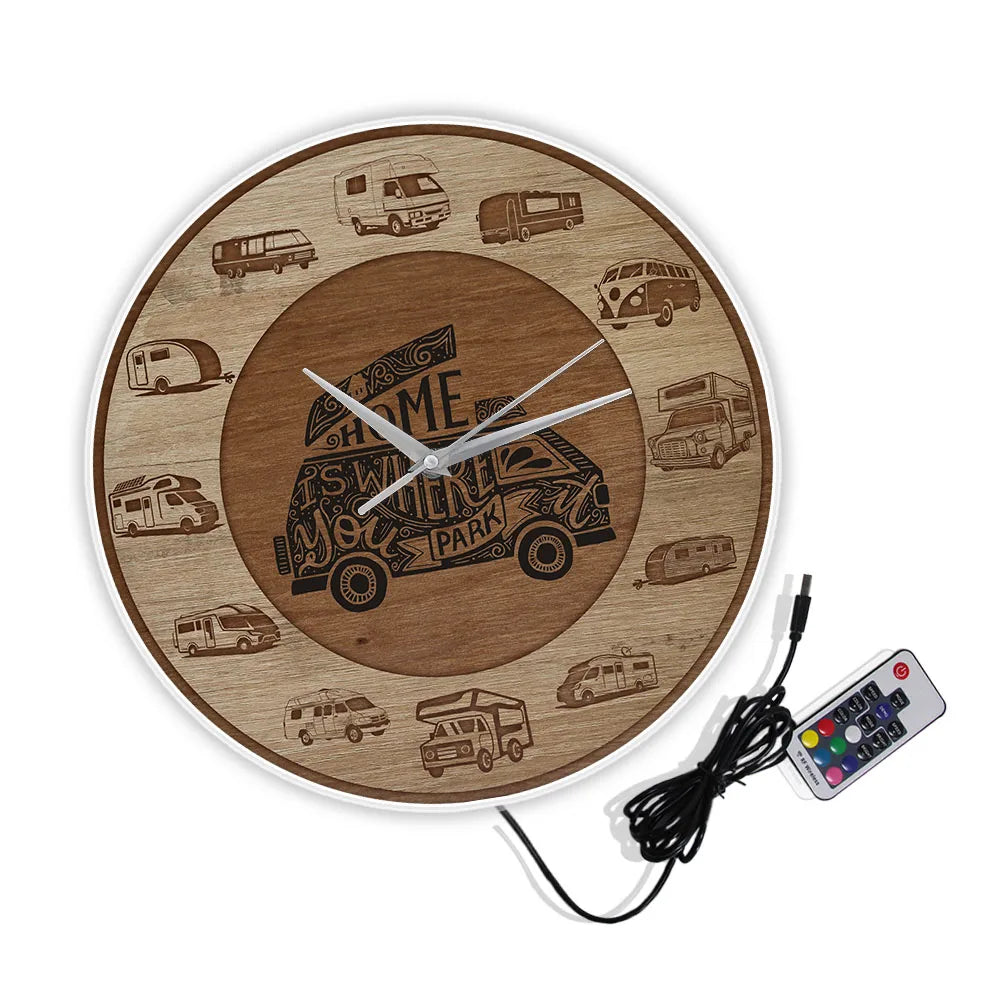 Home is where you park rv recreational vehicles wood texture acrylic print wall clock camper vans motorhome travelling
