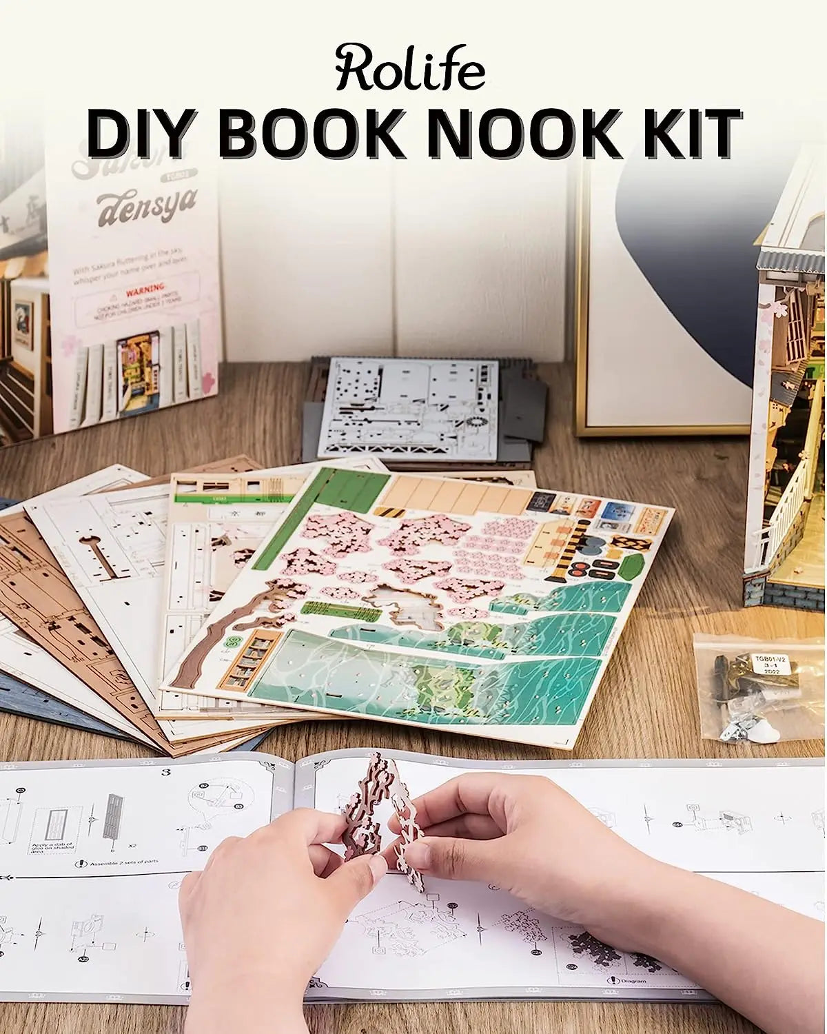 Robotime rolife diy book nook japanese sakura densya in books series wooden miniature house with furniture doll kits toy