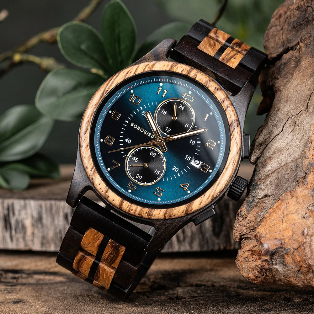 Bobo bird men watches 44mm luxury quartz watch lightweight wooden case and straps for casual support customize gift box