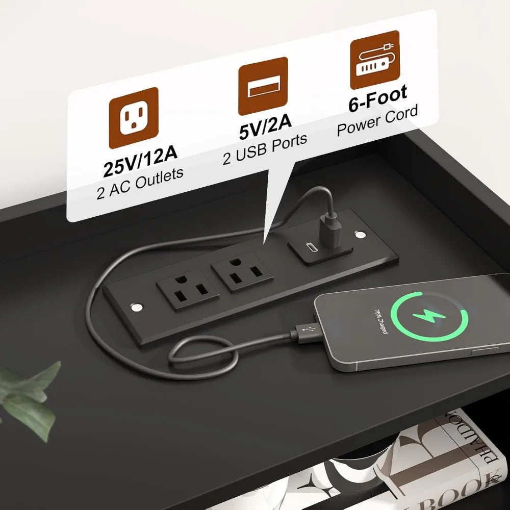 Nightstand with charging station 21’’ tall w/2 storage drawers wood night stand hidden handle 17’’ wide modern