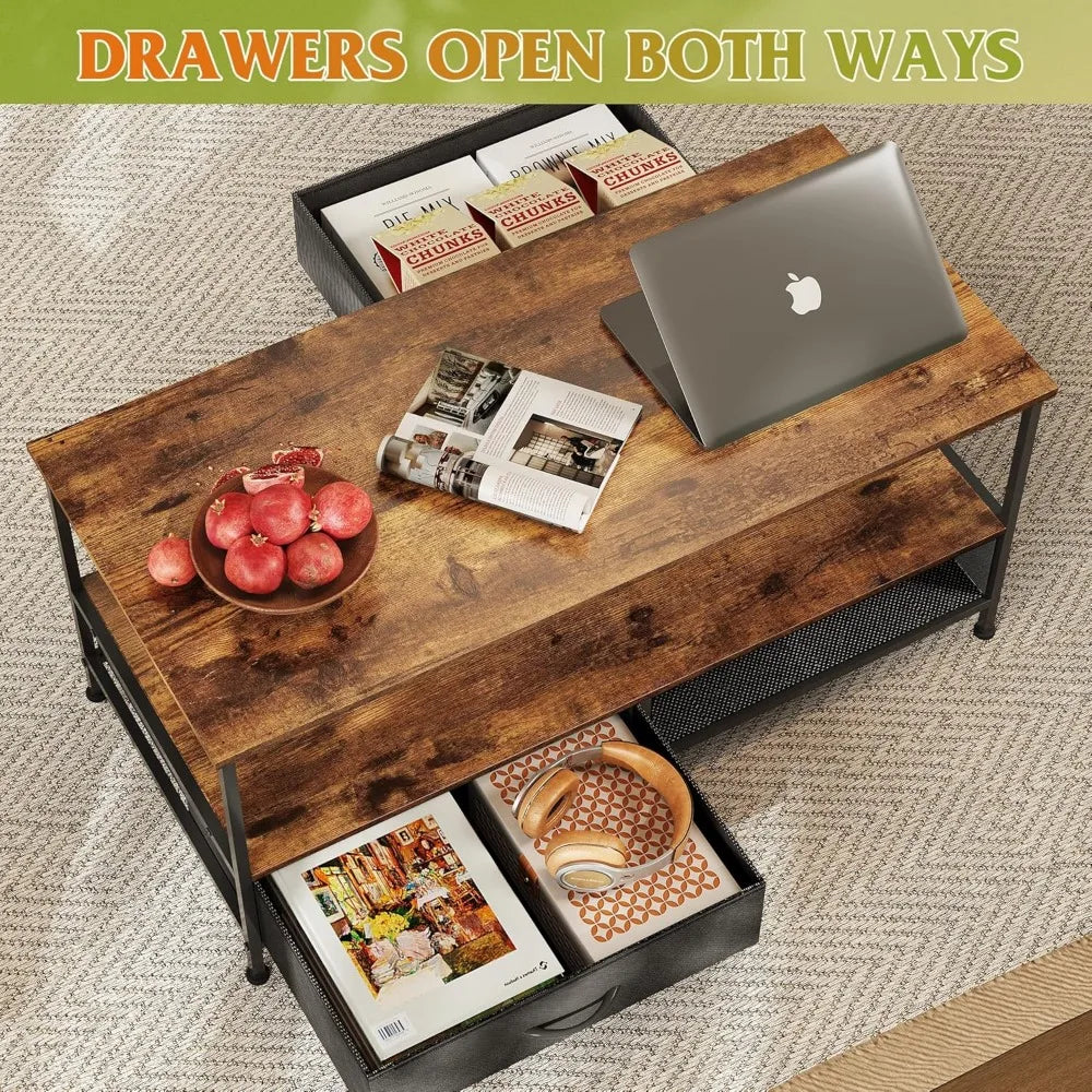 Two-tier wooden storage coffee table with drawers for living room and bedroom - united states / rustic brown