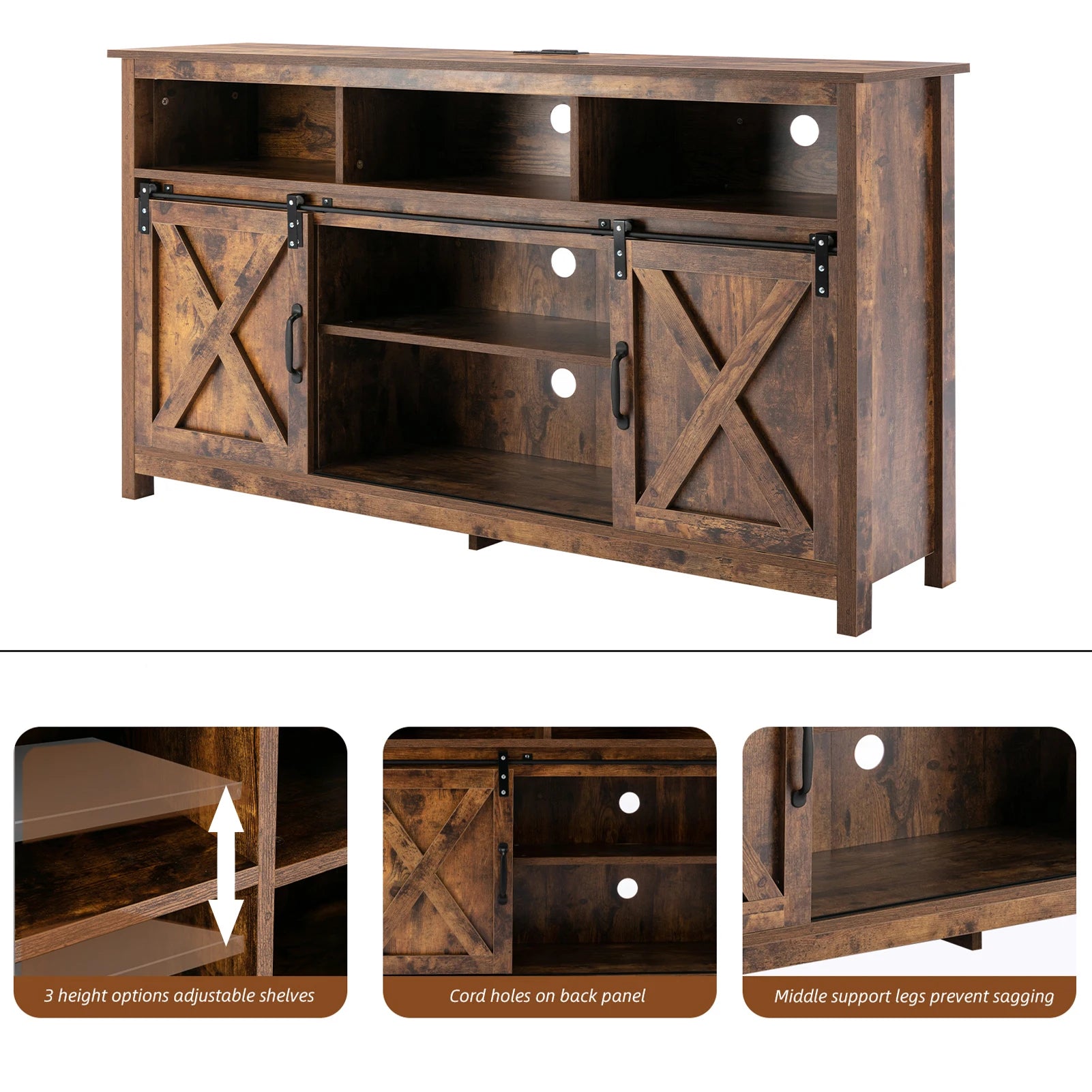 Tv stand farmhouse coffee bar cabinet rustic sliding barn door storage with power outlet & led light 57’’ wooden cabi